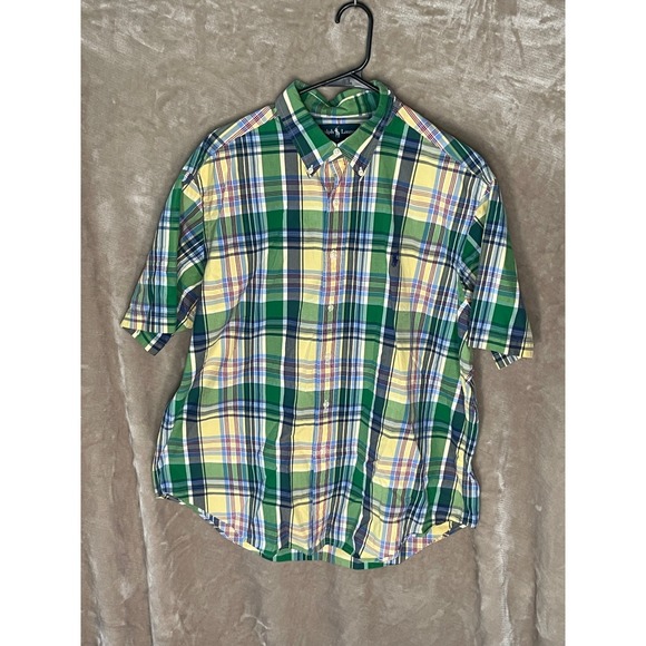 Ralph Lauren Plaid Shirt Classic Fit Short Sleeve Button Up Green Yellow XL - Picture 1 of 8